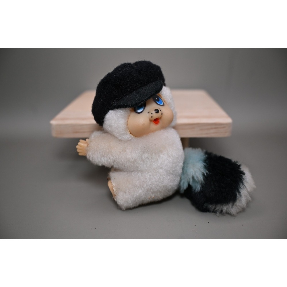 Vintage Monchhichi Raccoon Pencil Topper Flocked Toy Sekiguchi Style Cute